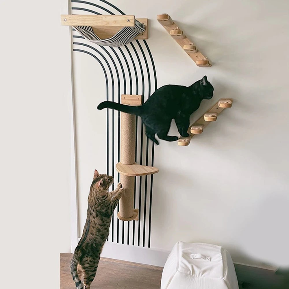Étagères murales Esprit Chat en bois pour chat avec hamac et marches pour grimper sur un mur décoré