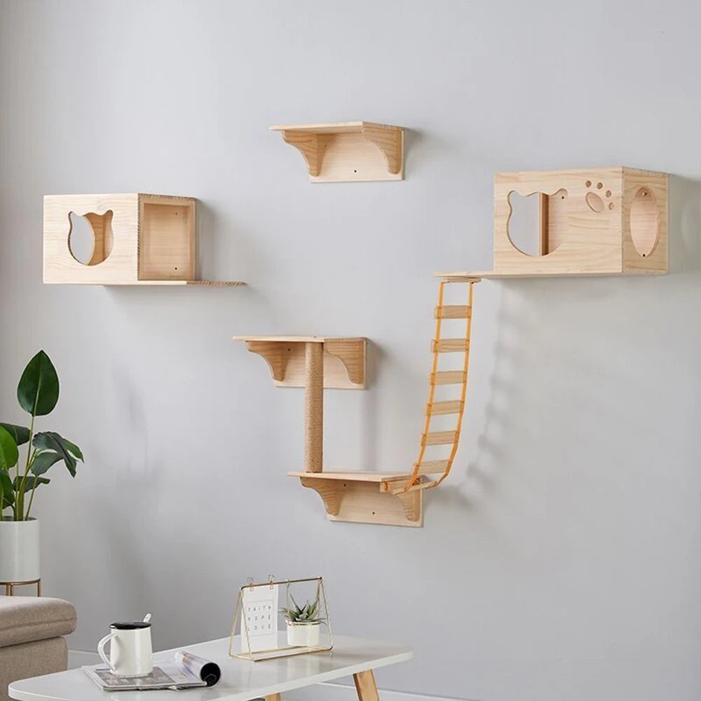 Ensemble d'étagères murales Esprit Chat en bois naturel pour chat avec niches, plateformes et échelle suspendue.