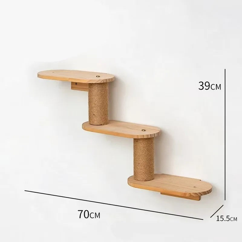 Étagères murales Esprit Chat en bois naturel avec poteaux en sisal pour escalier de chat