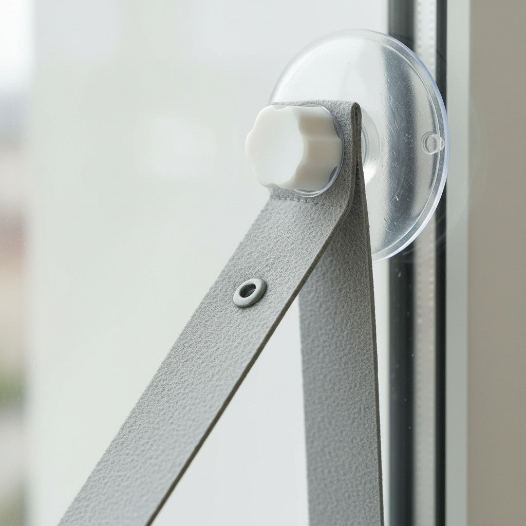 Fixation par ventouse grise Esprit Chat pour hamac de fenêtre, assurant une installation stable et sécurisée.