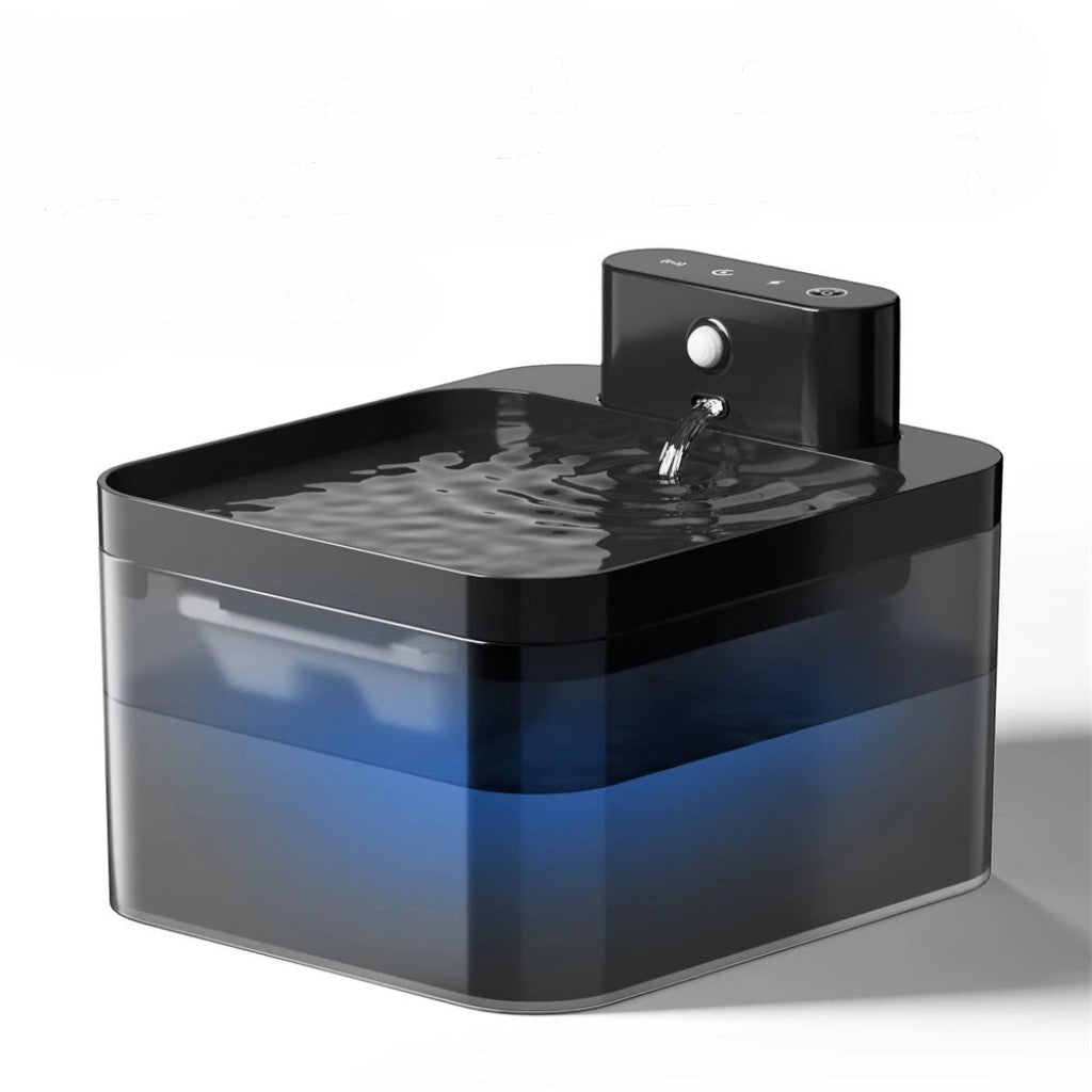 Fontaine à eau automatique Esprit Chat en plastique noir avec réservoir bleu et bec verseur.