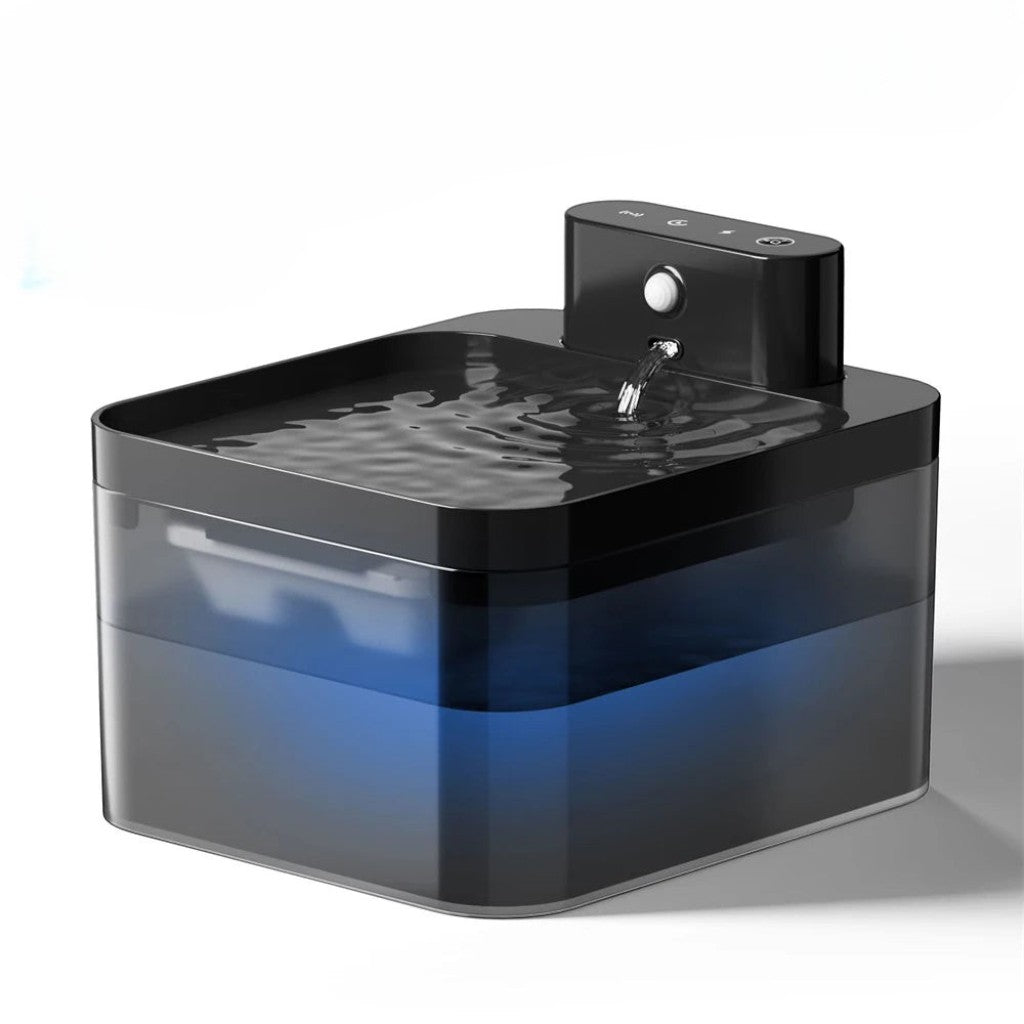 Fontaine à eau automatique Esprit Chat en plastique noir avec réservoir bleu illuminé et bec verseur.