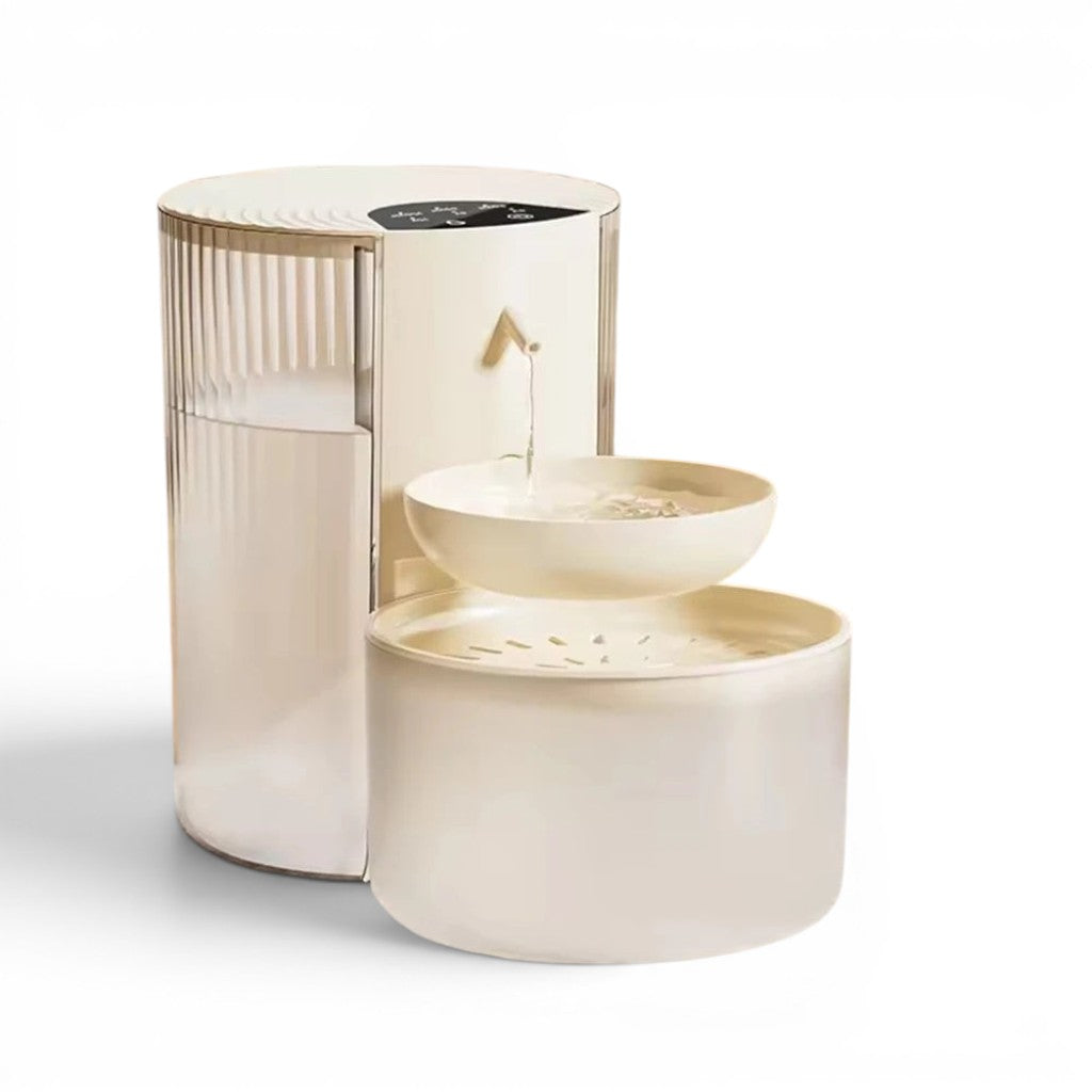 Fontaine à eau automatique Esprit Chat en plastique blanc cassé, avec réservoir transparent et bol à double étage.