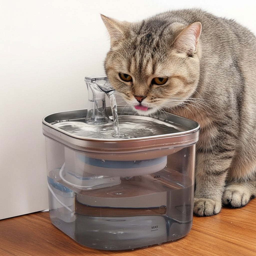 Fontaine à eau transparente automatique en acier inoxydable pour chats, 2L, avec filtre