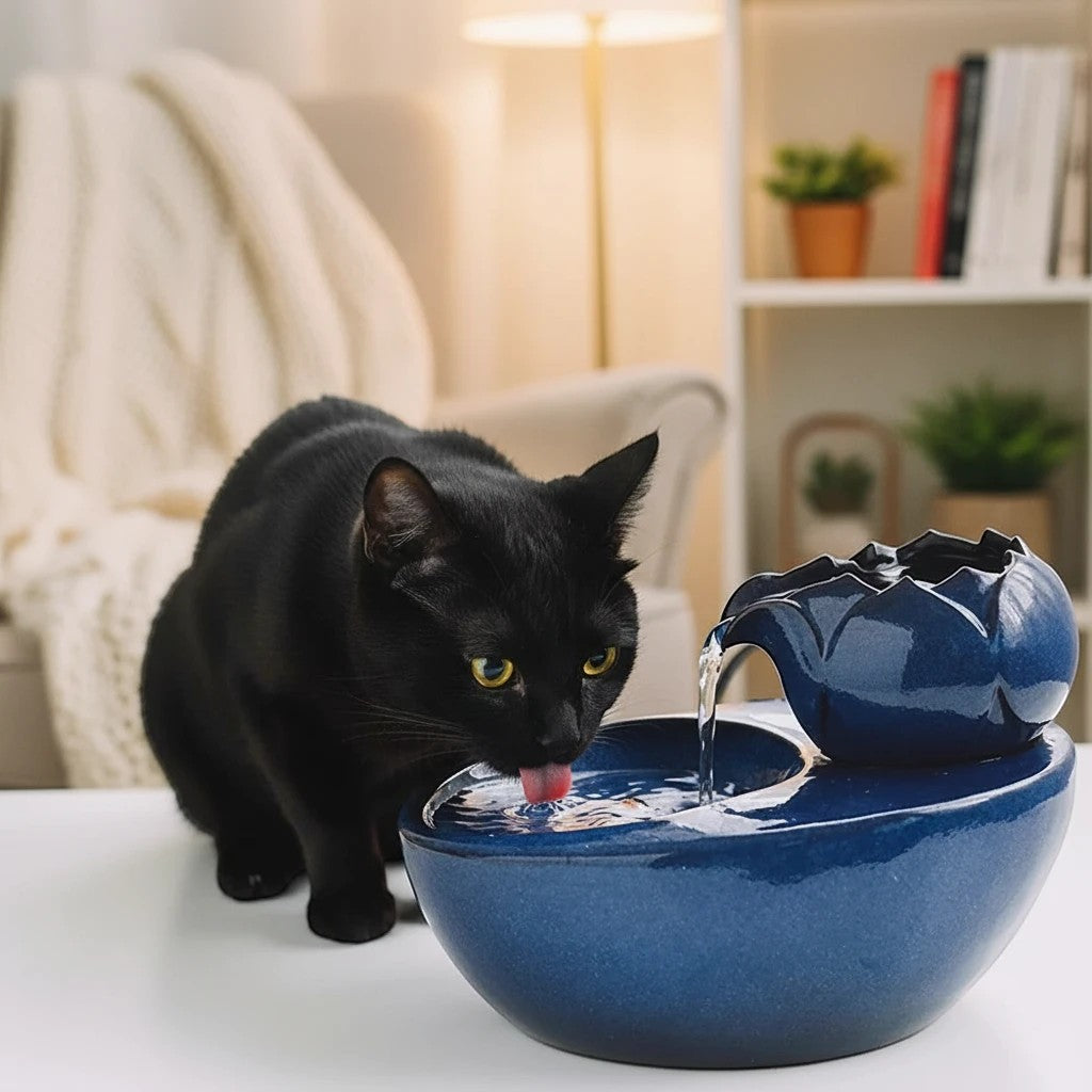 Fontaine à eau en céramique bleue pour chats Esprit Chat, avec un chat noir buvant.