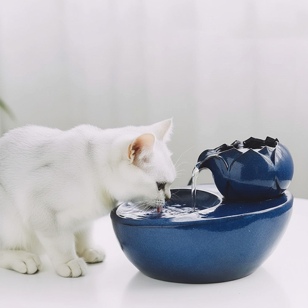 Fontaine à eau en céramique bleue Esprit Chat pour chats, avec filtre et fonctionnement silencieux.
