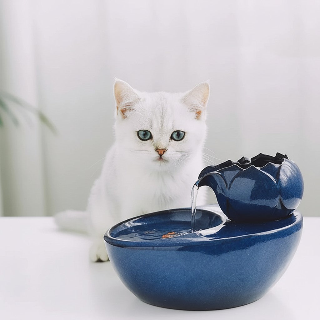 Fontaine à eau en céramique bleue Esprit Chat pour chats, avec un chat blanc buvant.
