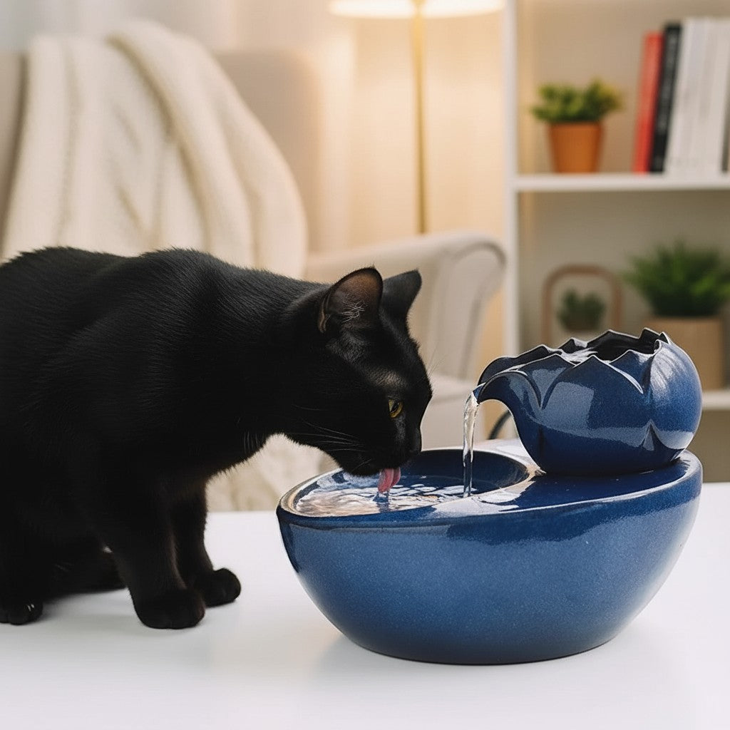 Fontaine à eau en céramique bleue Esprit Chat pour chats, avec un chat noir buvant.