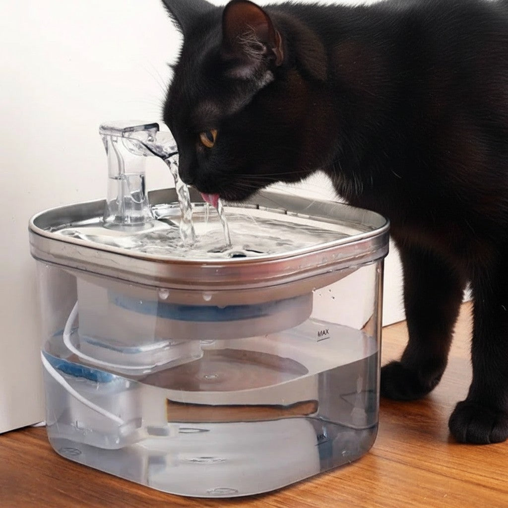 Fontaine à eau transparente automatique en acier inoxydable pour chats, 2L, avec filtre, par Esprit Chat