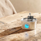 Fontaine à eau pour chat Esprit Chat en acier inoxydable avec indicateur lumineux bleu et robinet.