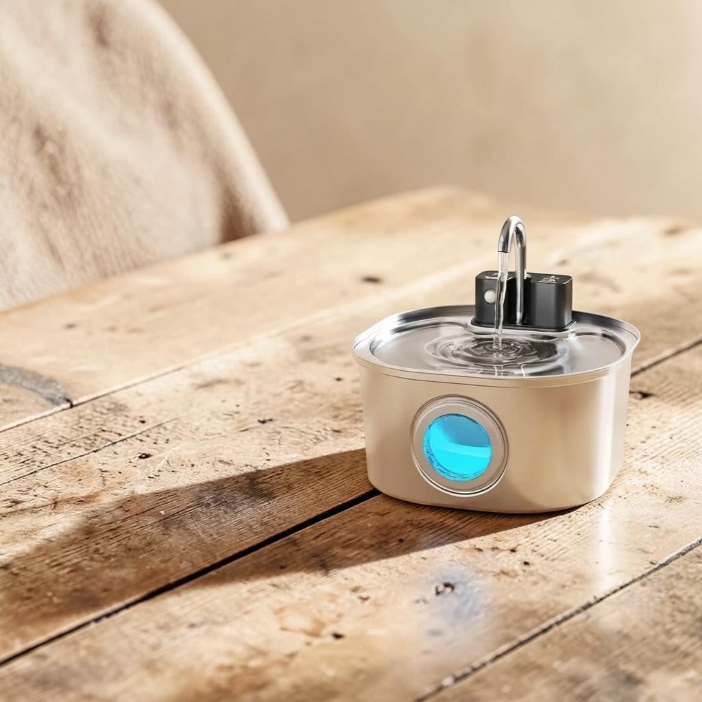 Fontaine à eau pour chat Esprit Chat en acier inoxydable avec indicateur lumineux bleu et robinet.