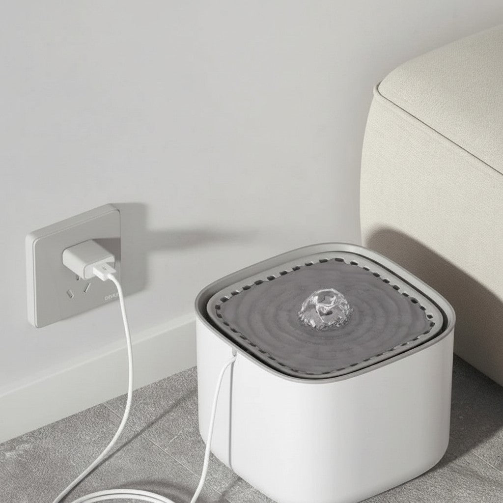 Fontaine à eau blanche en plastique pour chats, avec un design moderne et un jet d'eau central.