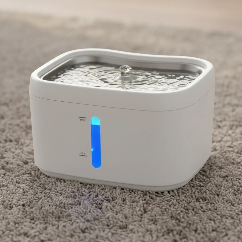 Fontaine à eau connectée blanche en plastique pour chat, avec indicateur de niveau d'eau bleu.