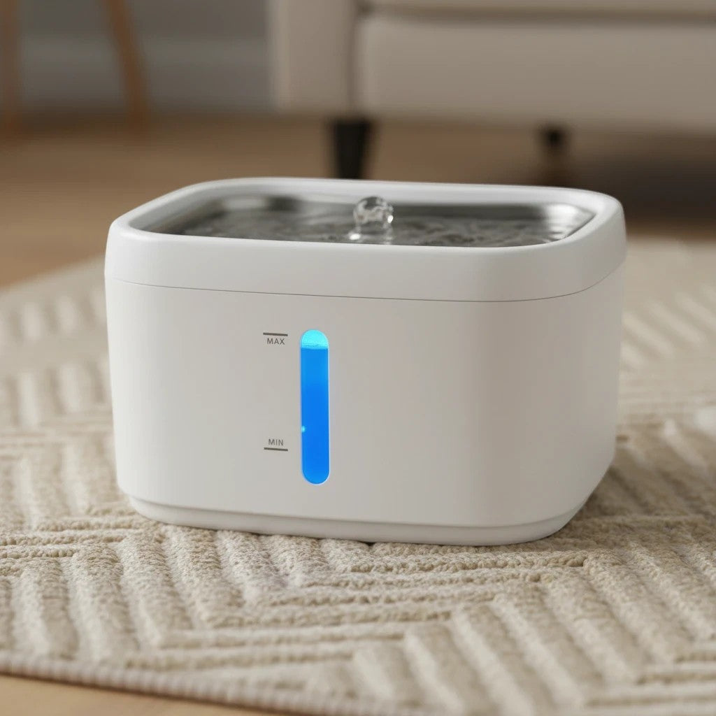 Fontaine à eau connectée blanche en plastique pour chats, avec indicateur de niveau d'eau bleu lumineux. Marque Esprit Chat.