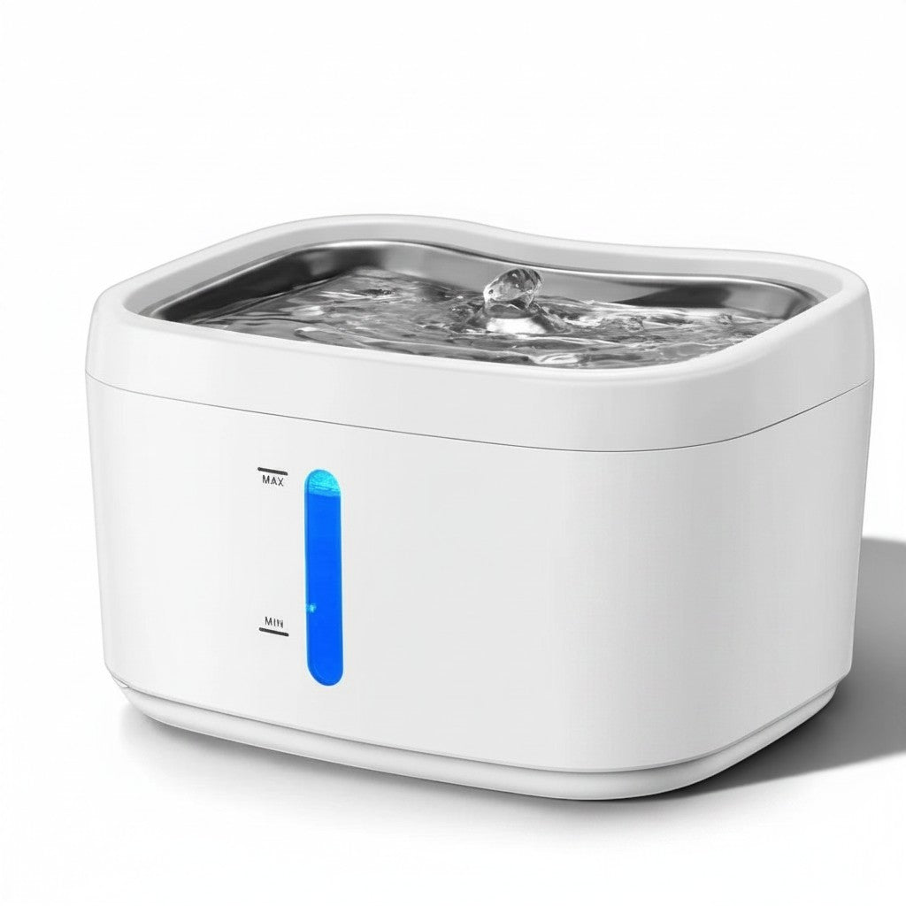 Fontaine à eau connectée blanche en plastique pour chats, avec indicateur de niveau d'eau bleu.