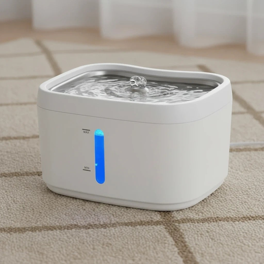 Fontaine à eau connectée blanche en plastique pour chats, avec indicateur de niveau d'eau bleu.