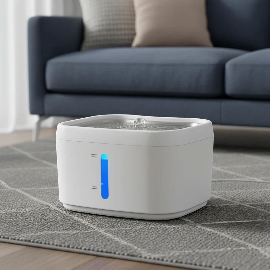 Fontaine à eau connectée blanche en plastique pour chats, avec indicateur lumineux bleu, par Esprit Chat.