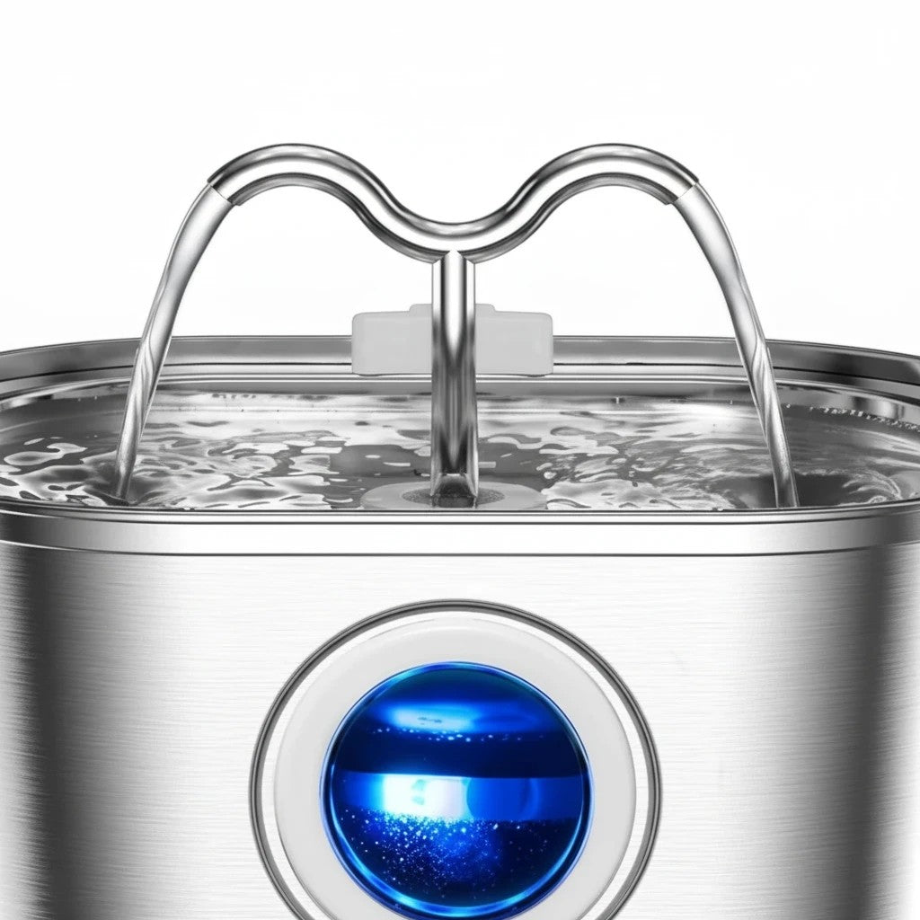 Fontaine à eau pour chat Esprit Chat en acier inoxydable argenté avec bec verseur LED bleu.