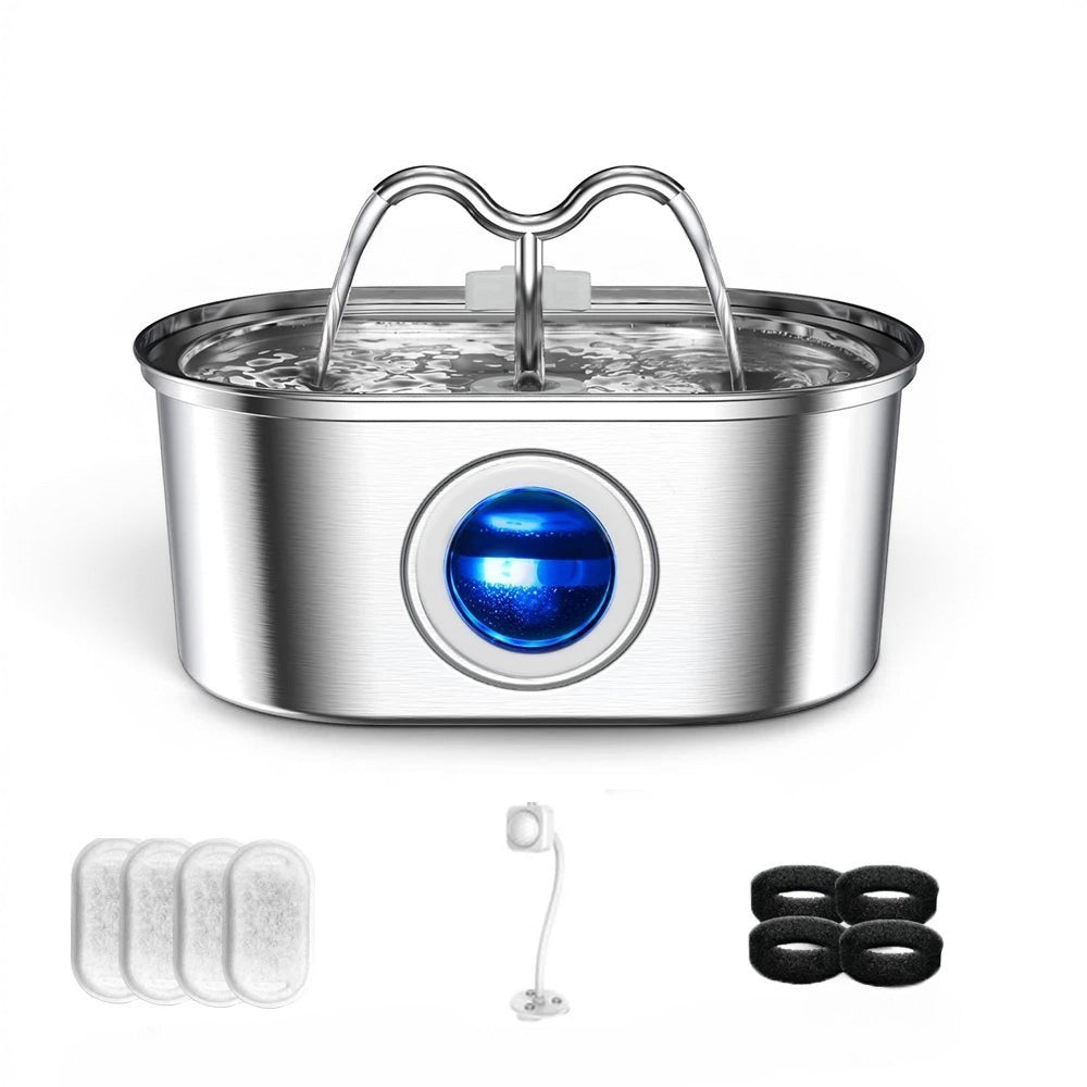 Fontaine à eau pour chat Esprit Chat en acier inoxydable argenté avec LED bleue, 3,2 L, filtration double, ultra silencieuse.