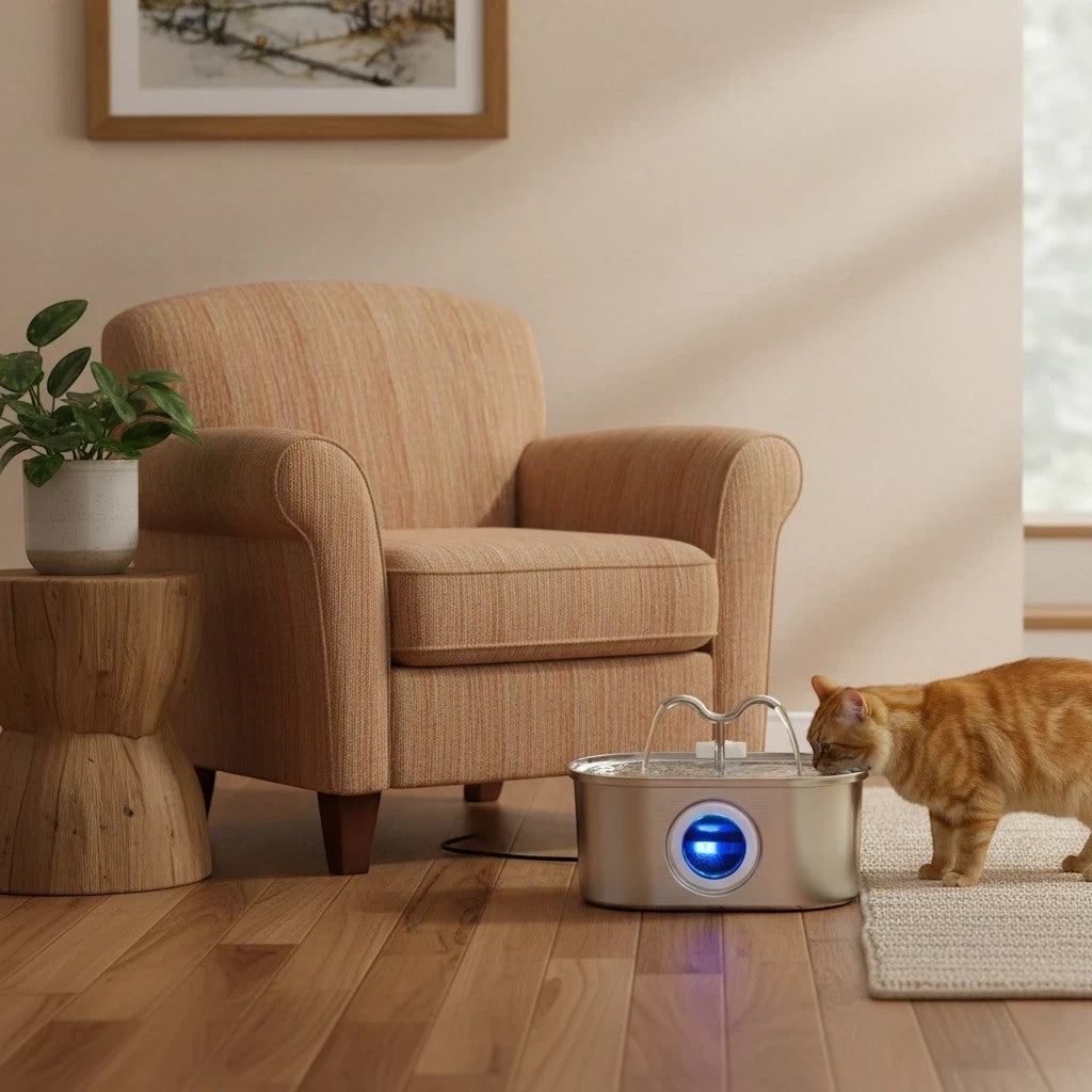 Fontaine à eau en acier inoxydable argenté pour chat Esprit Chat, avec LED bleue, 3,2 L, silencieuse et à double filtration.