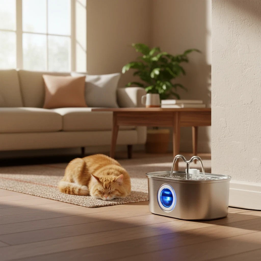 Fontaine à eau en acier inoxydable pour chat Esprit Chat avec LED bleue, 3,2 L, silencieuse et à double filtration.