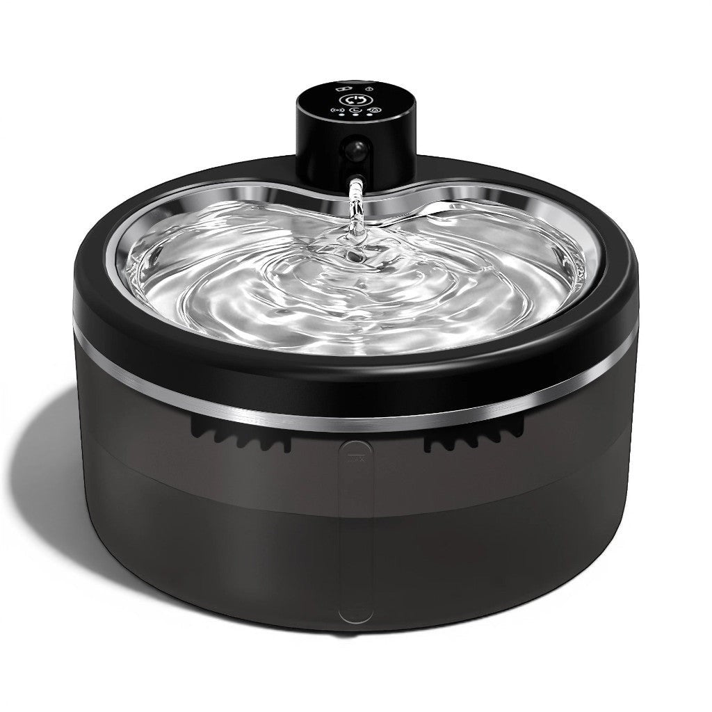 Fontaine à eau silencieuse en acier inoxydable noir pour chats LABEKA avec capteur de mouvement et filtration multiple.