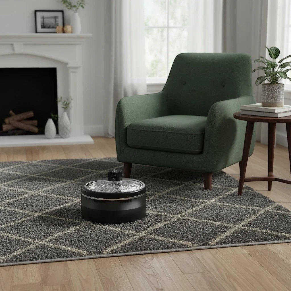 Fontaine à eau silencieuse en acier inoxydable noir pour chats, par Esprit Chat, avec capteur de mouvement et filtration.