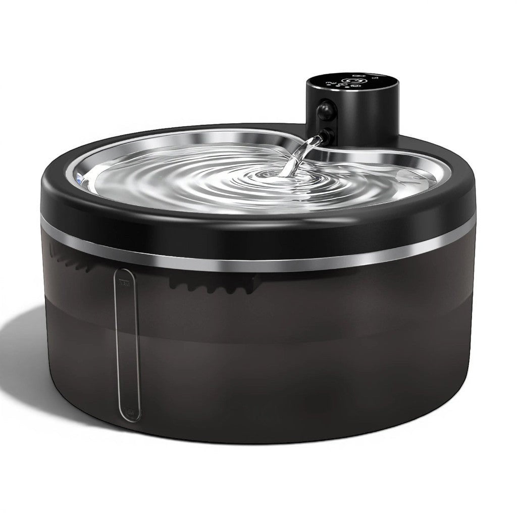 Fontaine à eau silencieuse en acier inoxydable noir pour chats Esprit Chat avec capteur de mouvement et filtration.