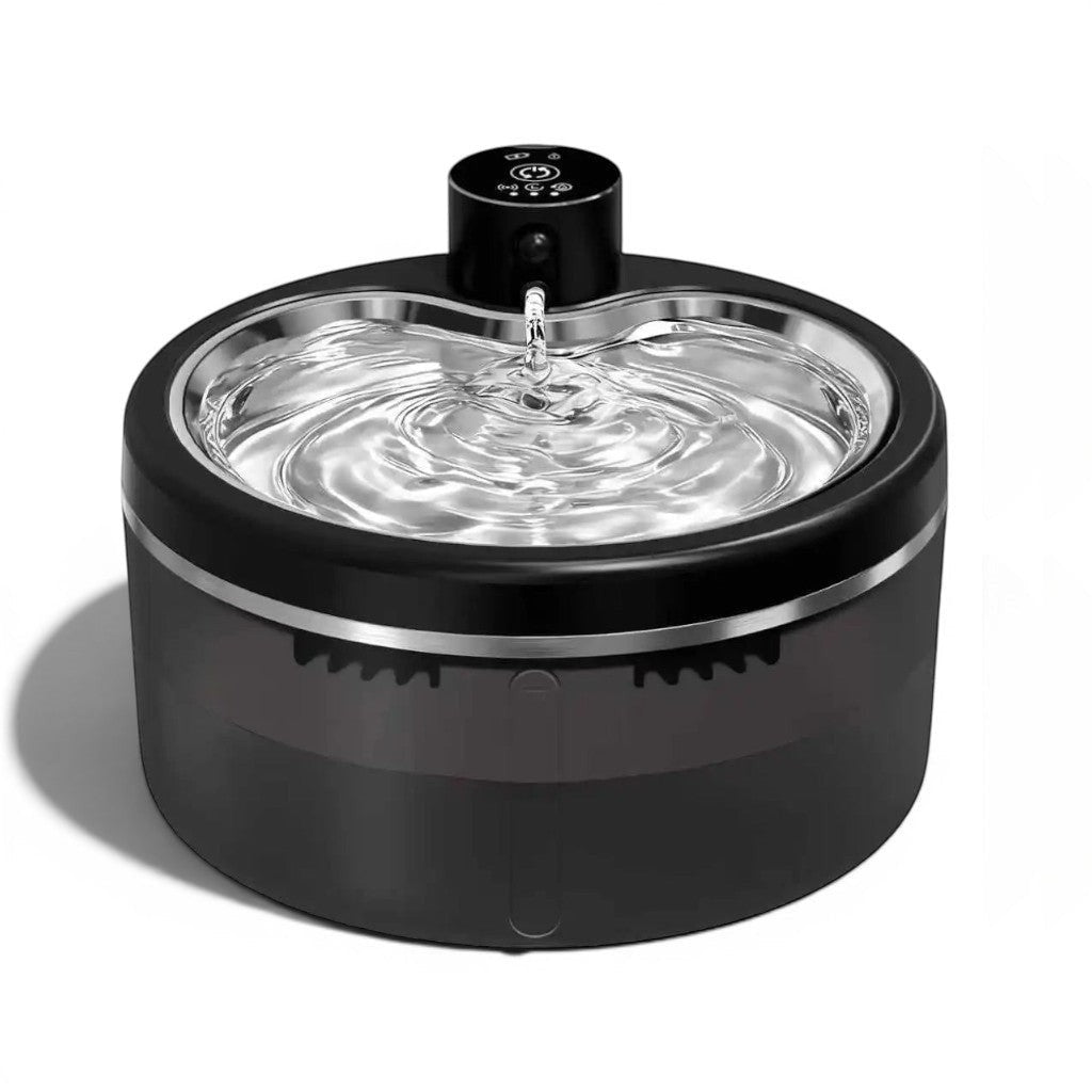 Fontaine à eau silencieuse en acier inoxydable noir pour chats LABEKA avec capteur de mouvement et filtration.
