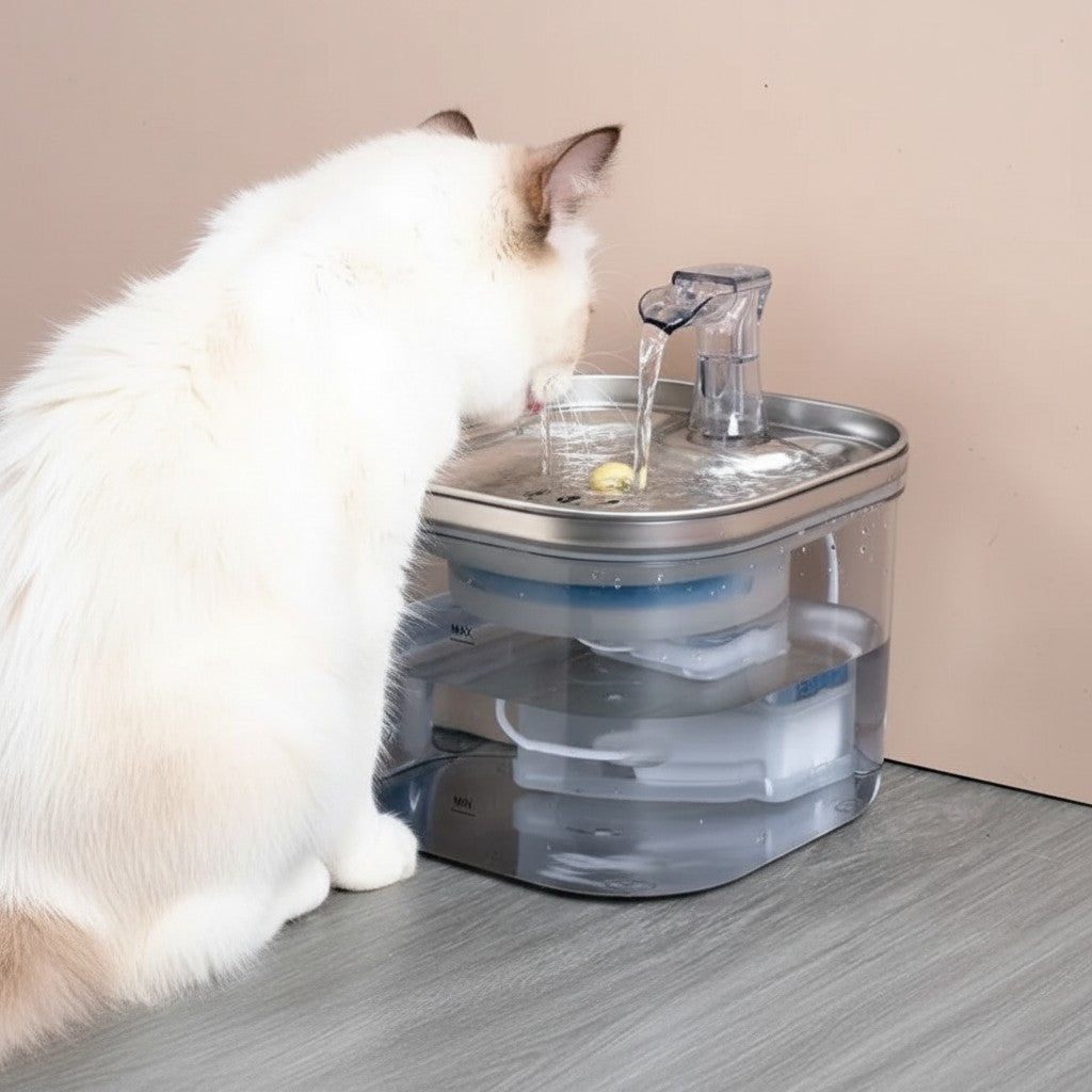 Fontaine à eau automatique transparente pour chats en acier inoxydable et plastique, 2L, par Esprit Chat