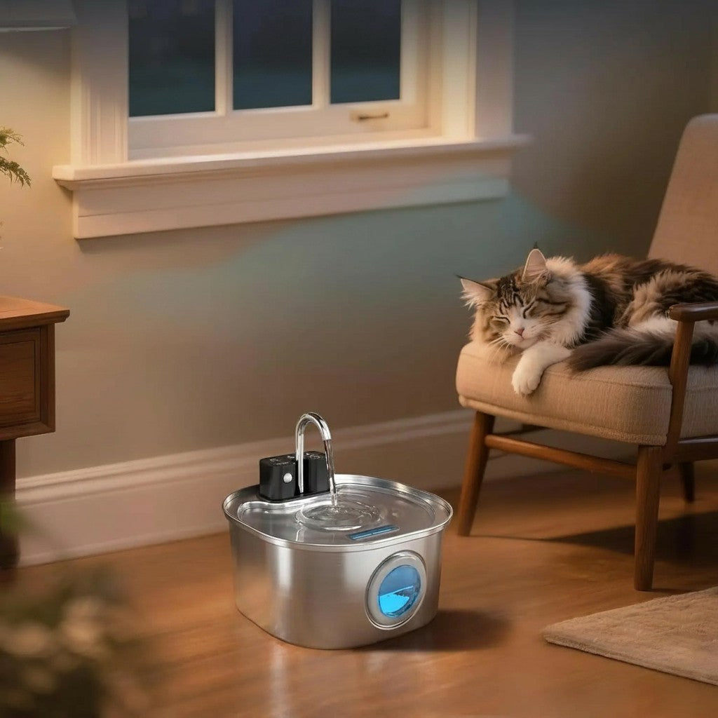 Fontaine à eau pour chat en acier inoxydable Esprit Chat, ultra silencieuse avec indicateur lumineux bleu.