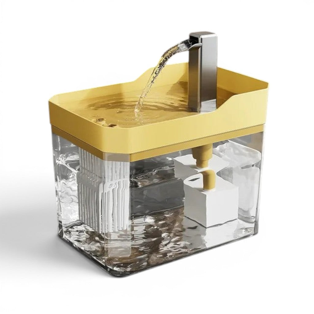 Fontaine à eau pour chat Esprit Chat en plastique transparent et jaune, 1.5L, avec 3 débits d'eau.