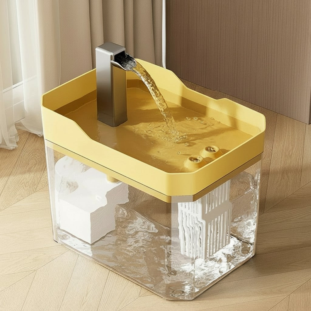 Fontaine à eau automatique Esprit Chat en plastique jaune et transparent, 1.5L, avec 3 modes de débit d'eau.