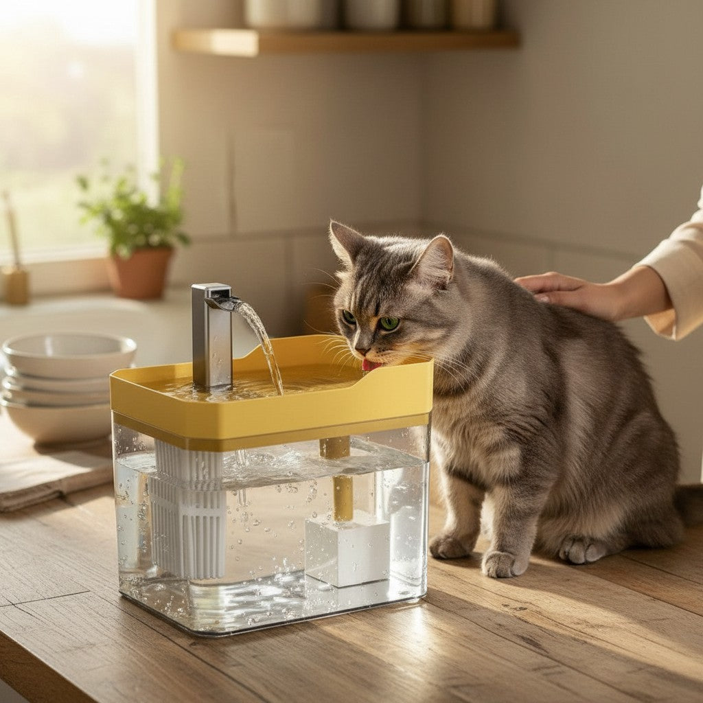 Fontaine à eau pour chat Esprit Chat en plastique transparent et jaune, 1.5L, avec cascade et filtre.