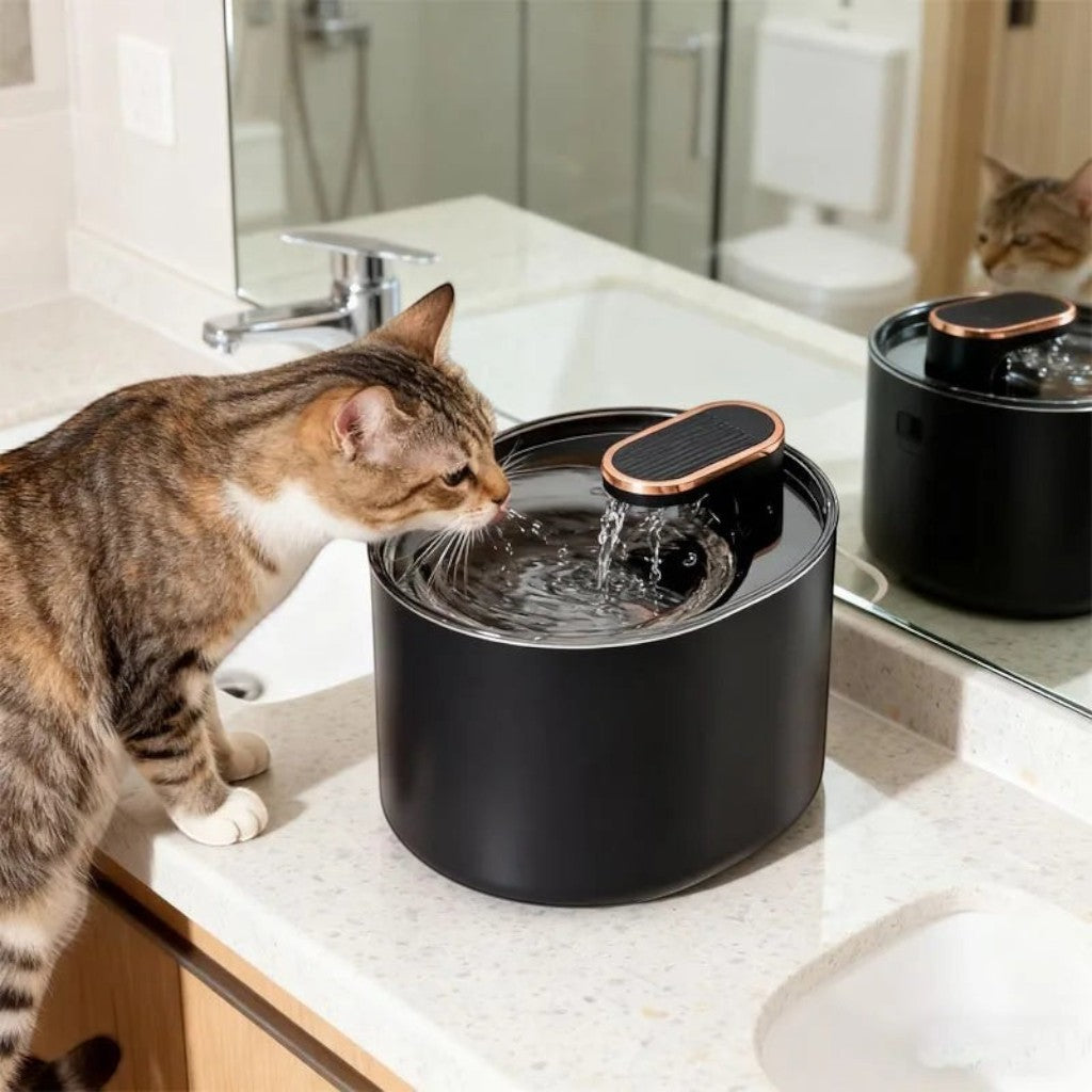 Fontaine à eau moderne noire en plastique pour chats, avec un chat buvant, 3L, silencieuse et filtrante.