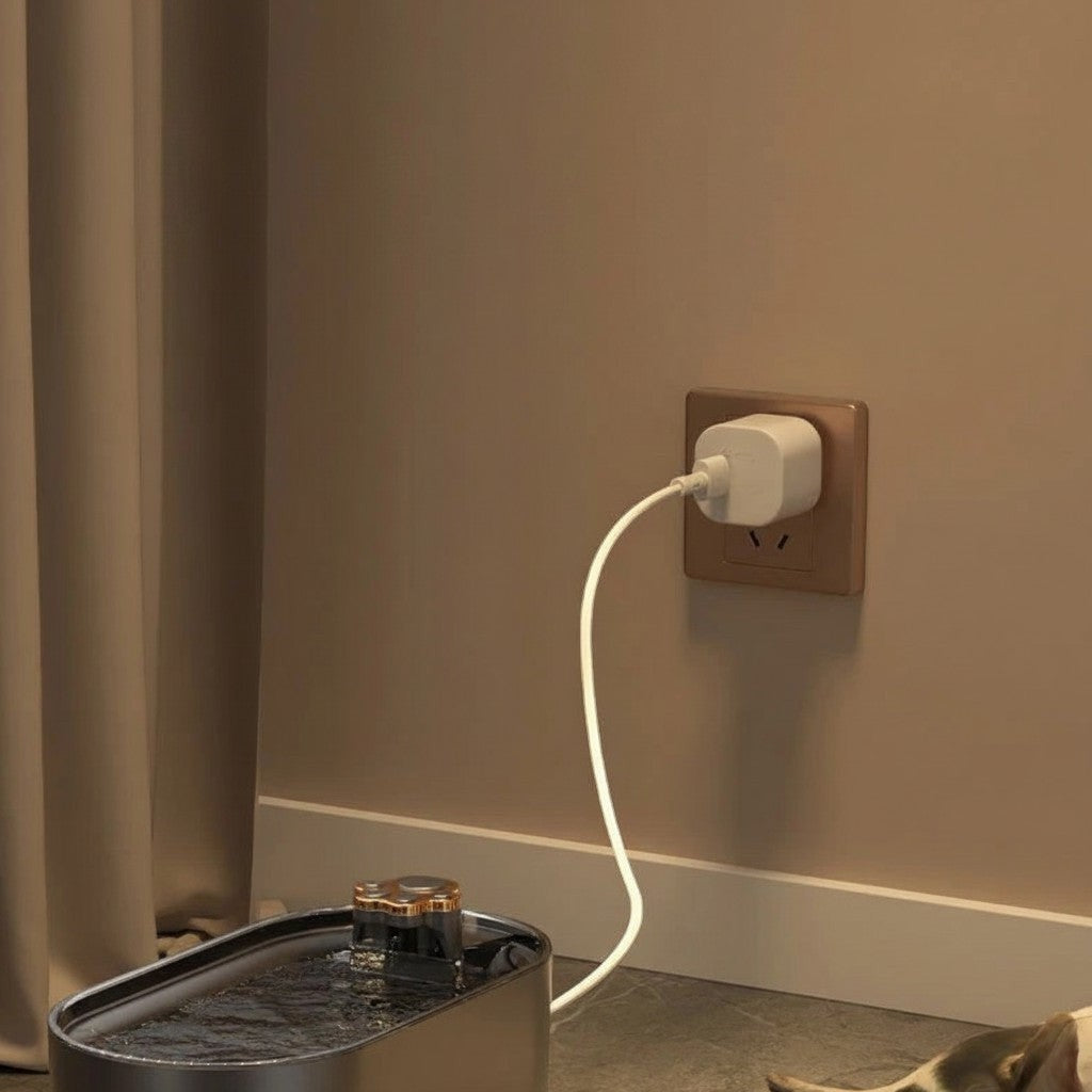 Fontaine à eau design en plastique pour chat Esprit Chat, avec un réservoir argenté et un petit module de pompe doré.