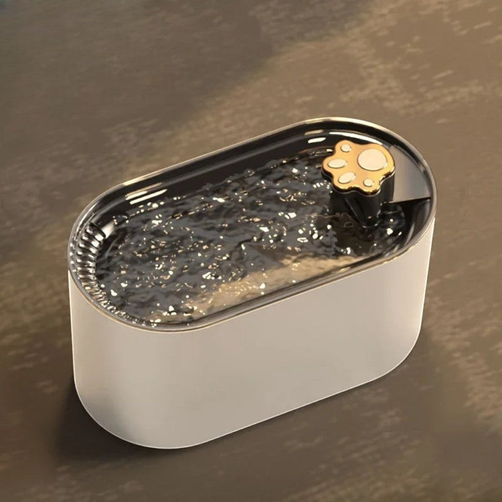 Fontaine à eau design en plastique blanc et gris pour chat, avec distributeur d'eau et motif patte de chat doré.