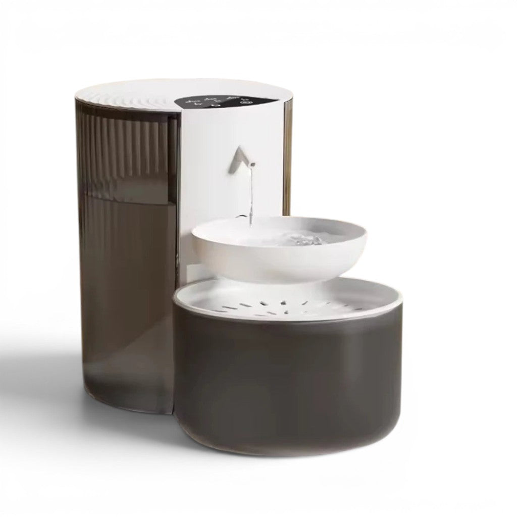 Fontaine à eau automatique en plastique blanc et gris pour chats Esprit Chat, avec deux bols et un réservoir transparent.