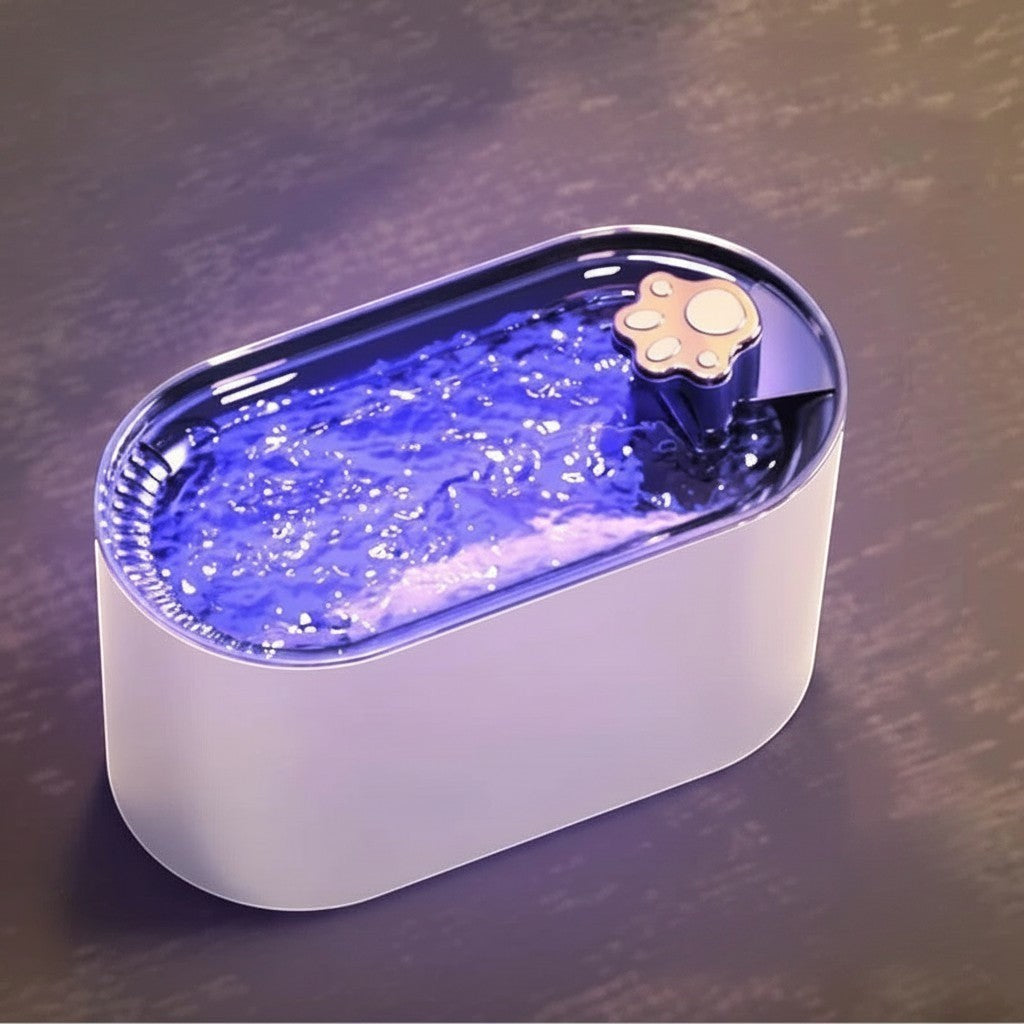 Fontaine à eau design pour chat Esprit Chat en plastique blanc avec un distributeur en forme de patte de chat.