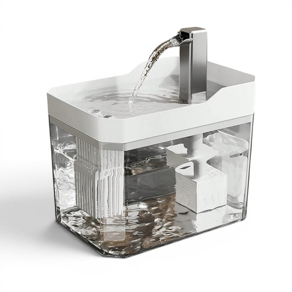 Fontaine à eau automatique Esprit Chat en plastique blanc et transparent, 1.5L, avec 3 débits d'eau.