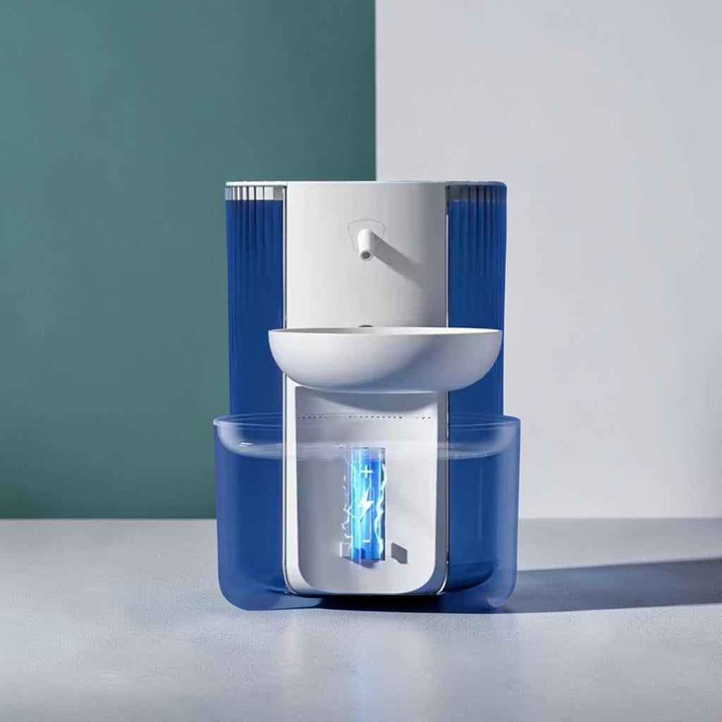 Fontaine à eau automatique Esprit Chat en plastique blanc et bleu, avec séparateur eau propre/sale et grande capacité.