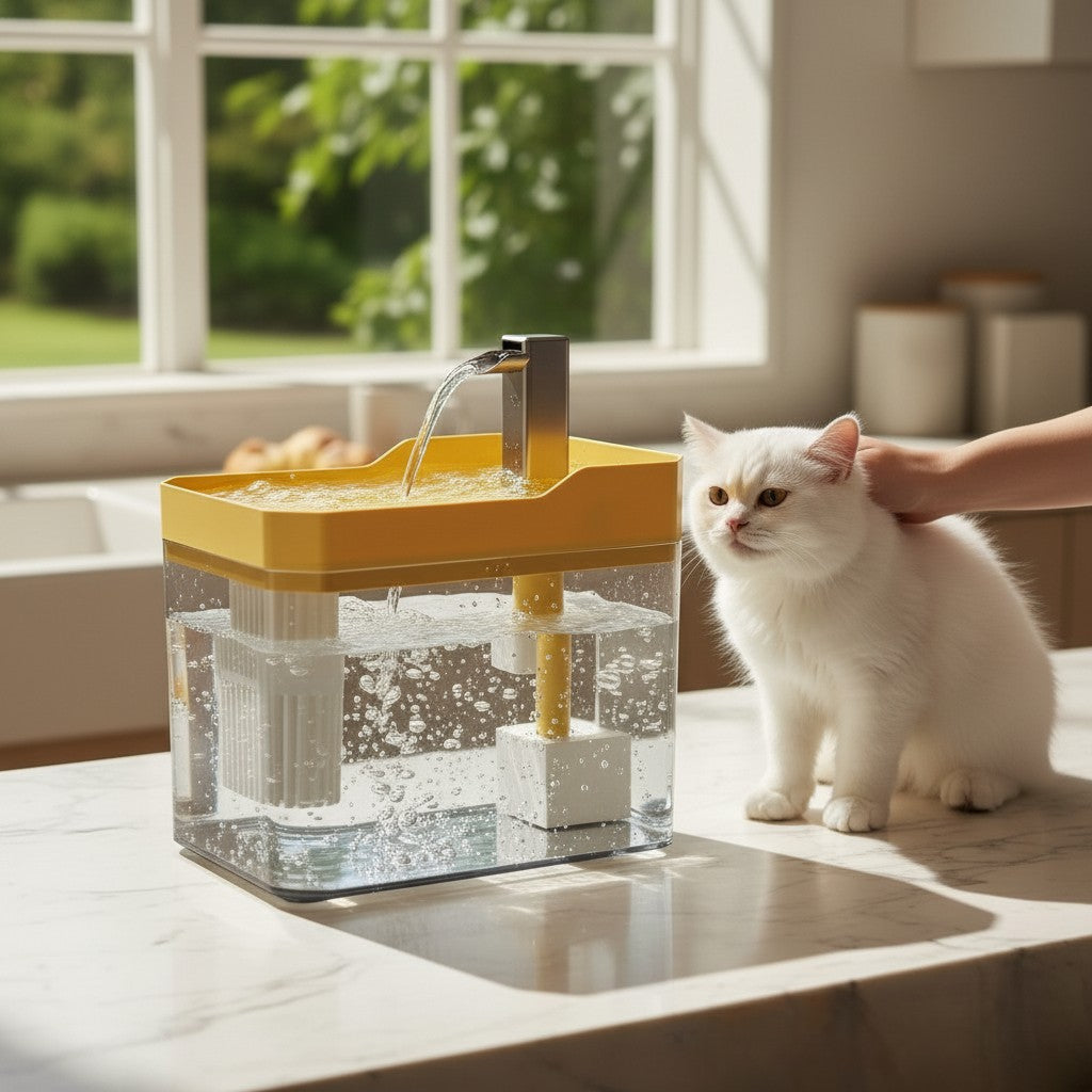 Fontaine à eau chat Esprit Chat en plastique jaune et transparent, 1.5L, avec 3 débits d'eau.