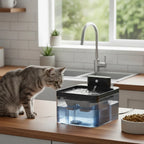 Fontaine à eau automatique en plastique noir pour chat, avec un chat tigré gris buvant.
