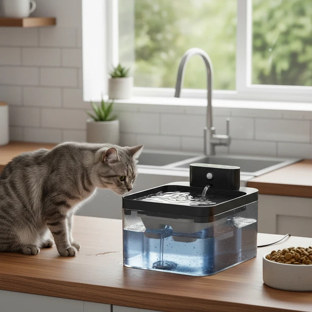 Fontaine à eau automatique en plastique noir pour chat, avec un chat tigré gris buvant.