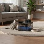 Fontaine à eau automatique en plastique noir pour chat, avec un chaton gris assis à côté.