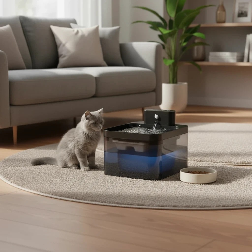 Fontaine à eau automatique en plastique noir pour chat, avec un chaton gris assis à côté.