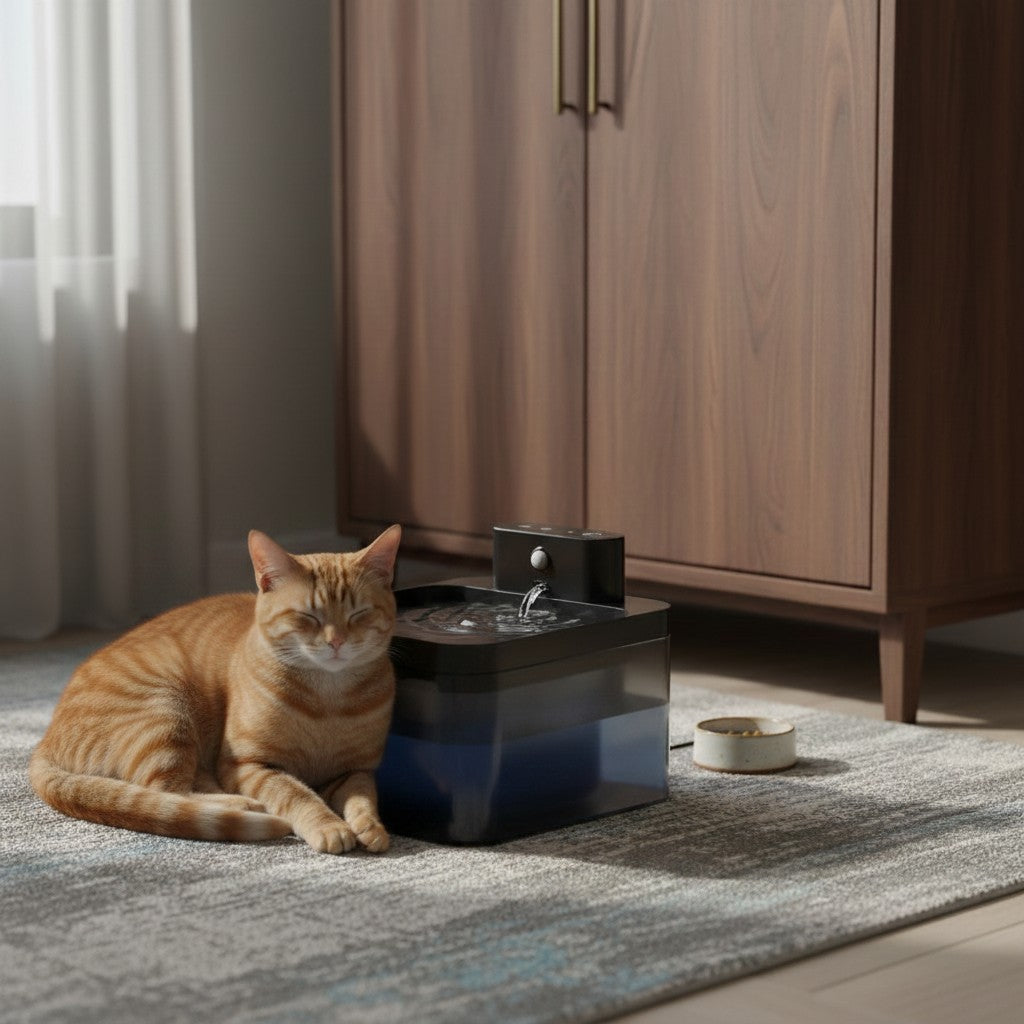Fontaine à eau automatique en plastique noir pour chats, avec réservoir bleu lumineux, par Esprit Chat.