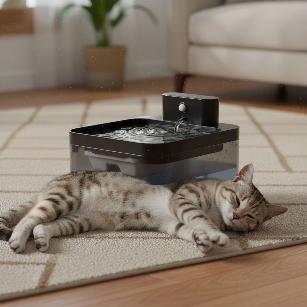 Fontaine à eau automatique en plastique noir et transparent pour chat, avec un jet d'eau doux. Marque Esprit Chat.