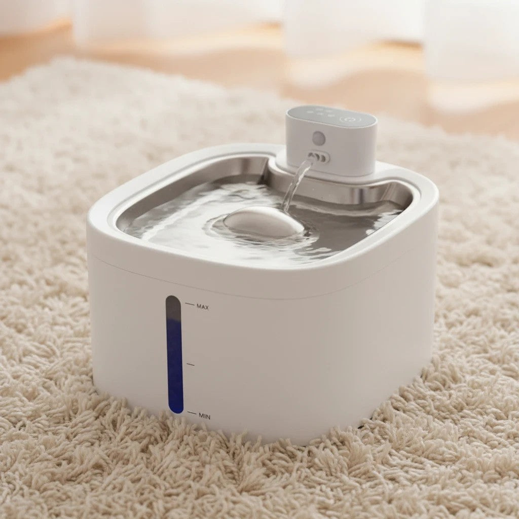 Fontaine à eau sans fil LABEKA en acier inoxydable pour chats, avec indicateur de niveau d'eau.