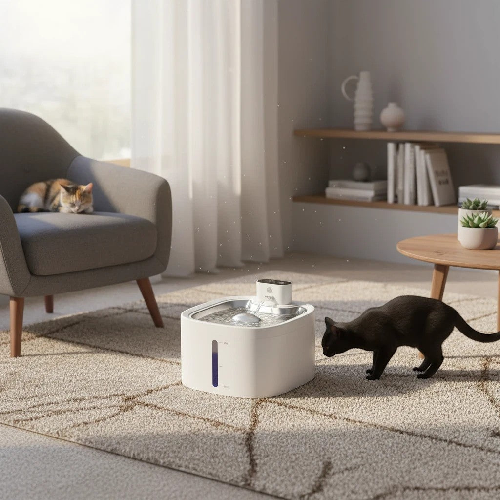 Fontaine à eau sans fil en acier inoxydable LABEKA pour chats, avec indicateur de niveau d'eau et filtration silencieuse.